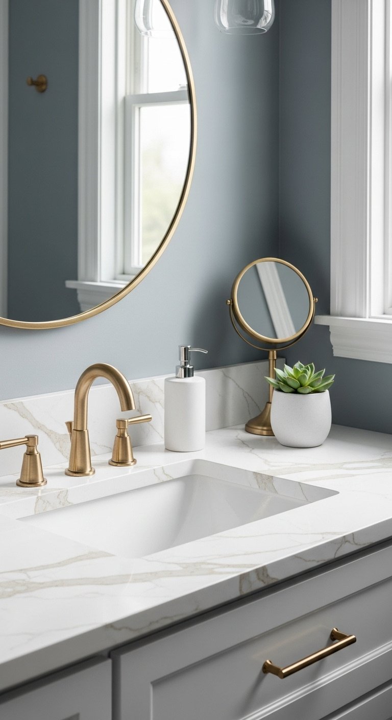 Bathroom vanity with Omnia Monterey quartz, warm greige and beige veining, gray-blue wall, brass mirror, soap dispenser, succulent.