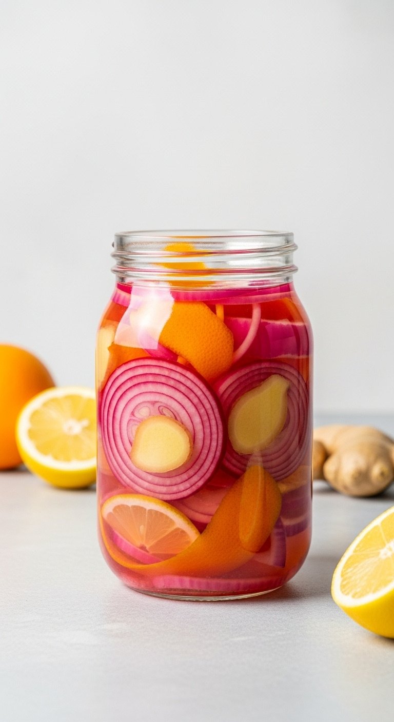 Beautiful jar of bright pink pickled onions with orange lemon peel and ginger in brine on light gray surface