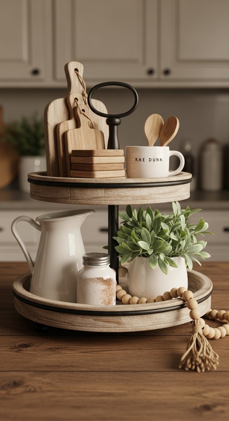 Beautifully styled farmhouse tiered tray with rustic wood and black metal decor on a wood table with cream cabinets