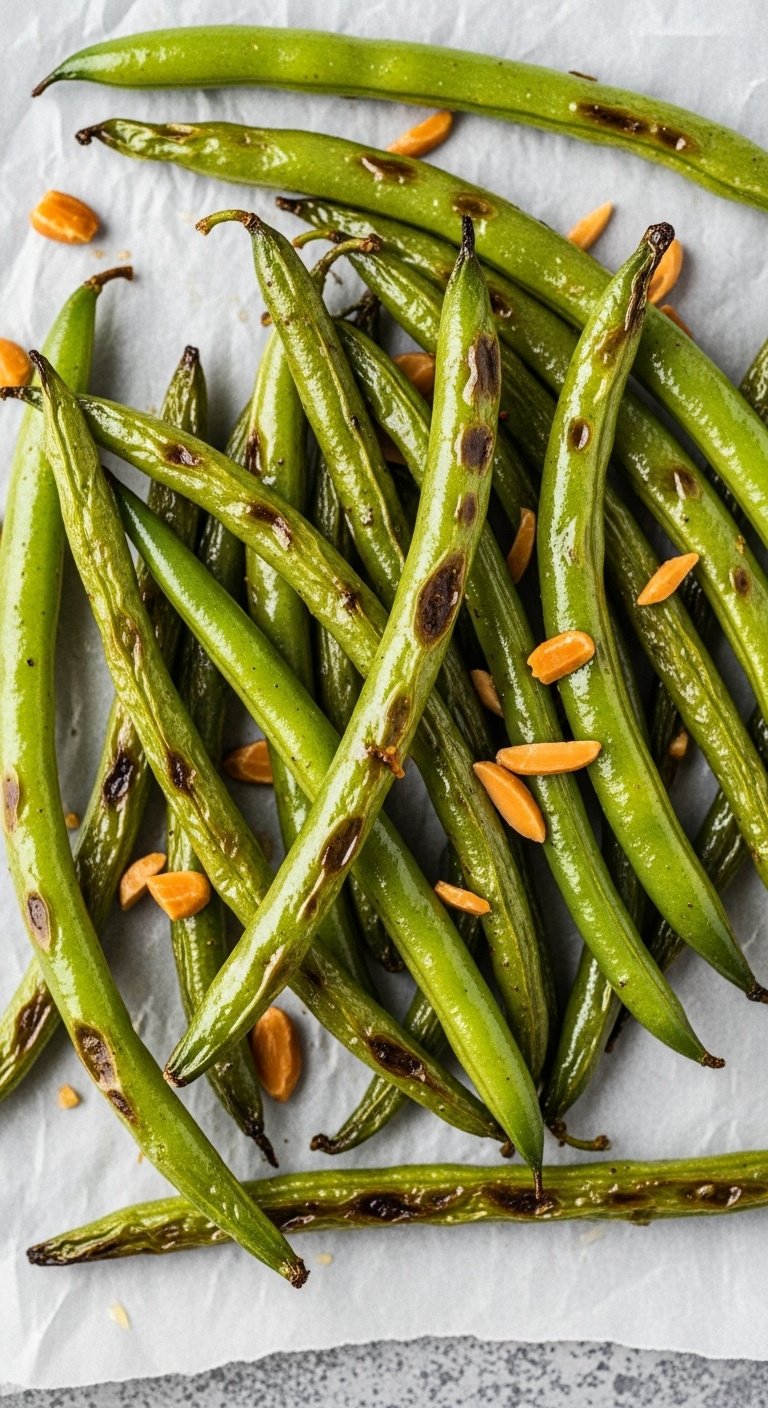 Blistered air fryer green beans with toasted almond slivers on parchment paper under bright studio lighting
