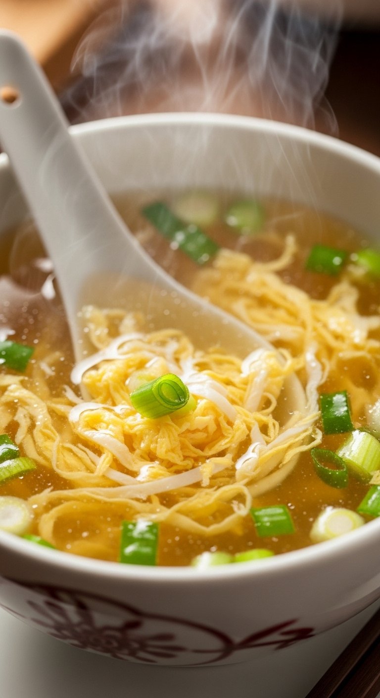 Bowl of warm egg drop soup with delicate egg ribbons and green scallions