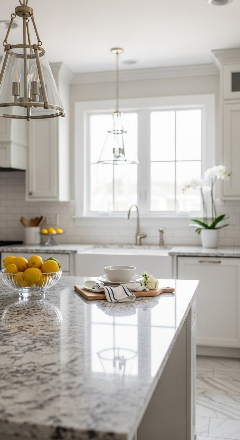Bright kitchen with Colonial White granite countertops, pale gray and silver clouds with onyx specks, off-white cabinets, lemons, orchid.