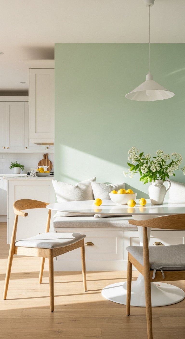 Bright kitchen with soft sage green walls, white tulip table, light oak chairs, fresh lemons, white cabinets, morning sunlight.