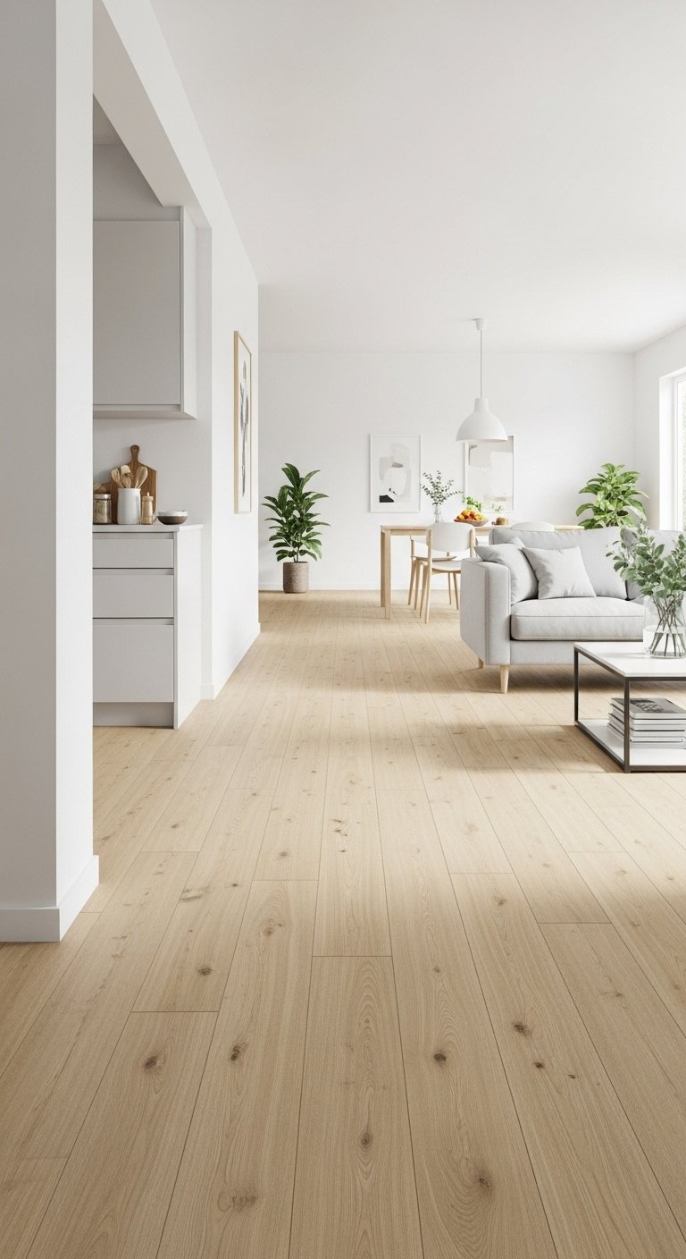 Bright open concept living kitchen with consistent light engineered hardwood flooring for seamless look modern white cabinets gray sofa