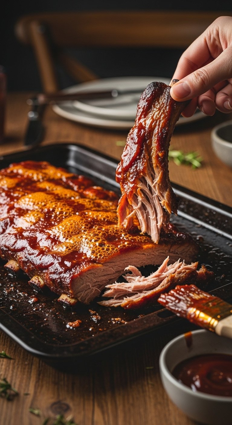 Broiled BBQ ribs on a baking sheet glistening with sauce with meat falling off the bone on a rustic wood table
