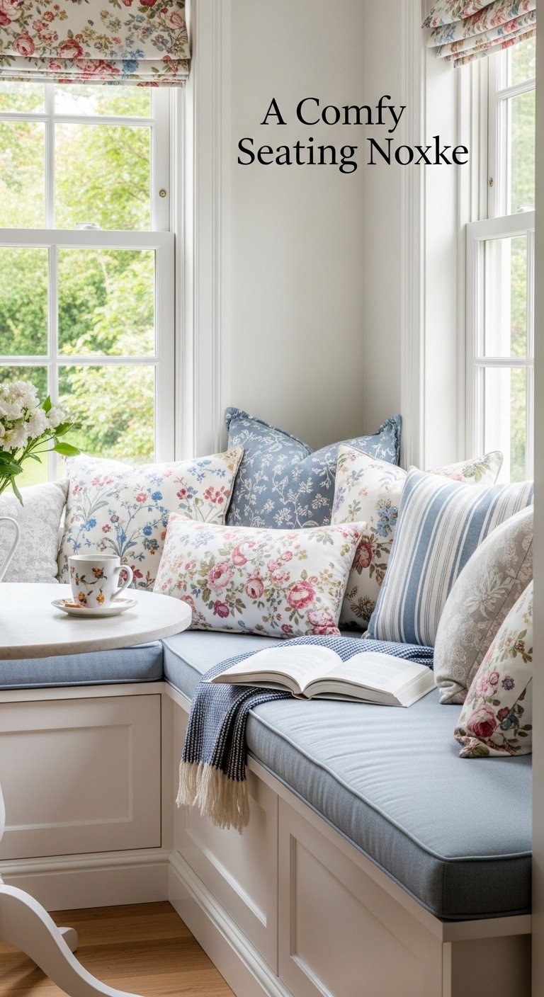 Built-in window seat with floral and striped pillows, a steaming mug, and open book in a bright cottage kitchen