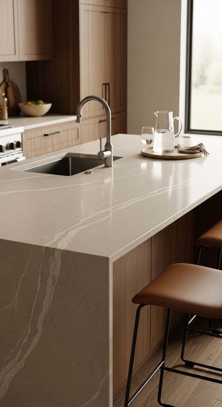 Caesarstone Taj Royal quartz countertop, warm base, creamy veining, walnut cabinets, leather bar stools, glass pitcher.