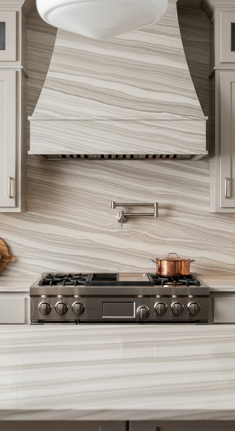 Cambria Ironsbridge quartz backsplash, greige and taupe pattern, light greige cabinets, stainless steel range, copper pot.