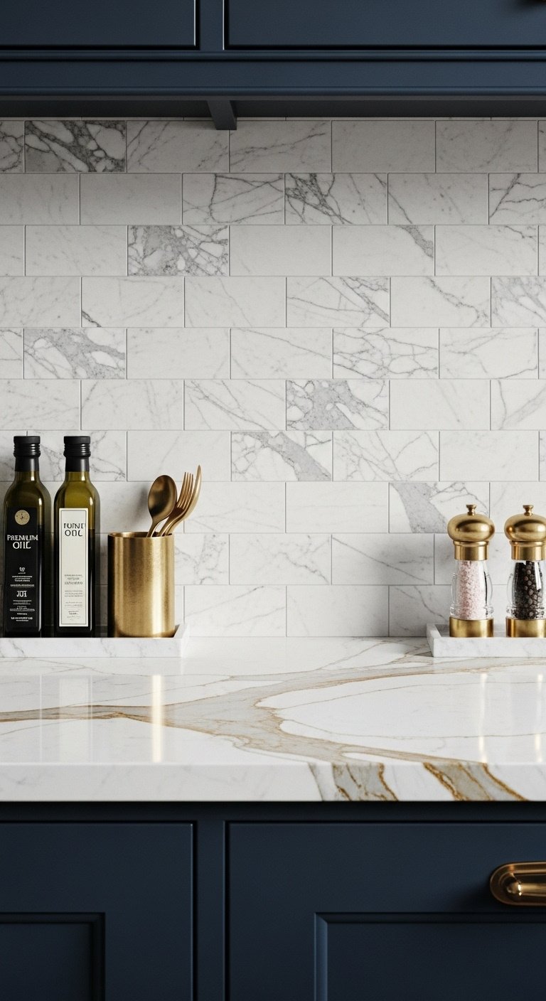 Carrara marble subway tile backsplash, Calacatta Gold quartz countertops, navy blue cabinets, olive oil bottles, brass utensil holder.
