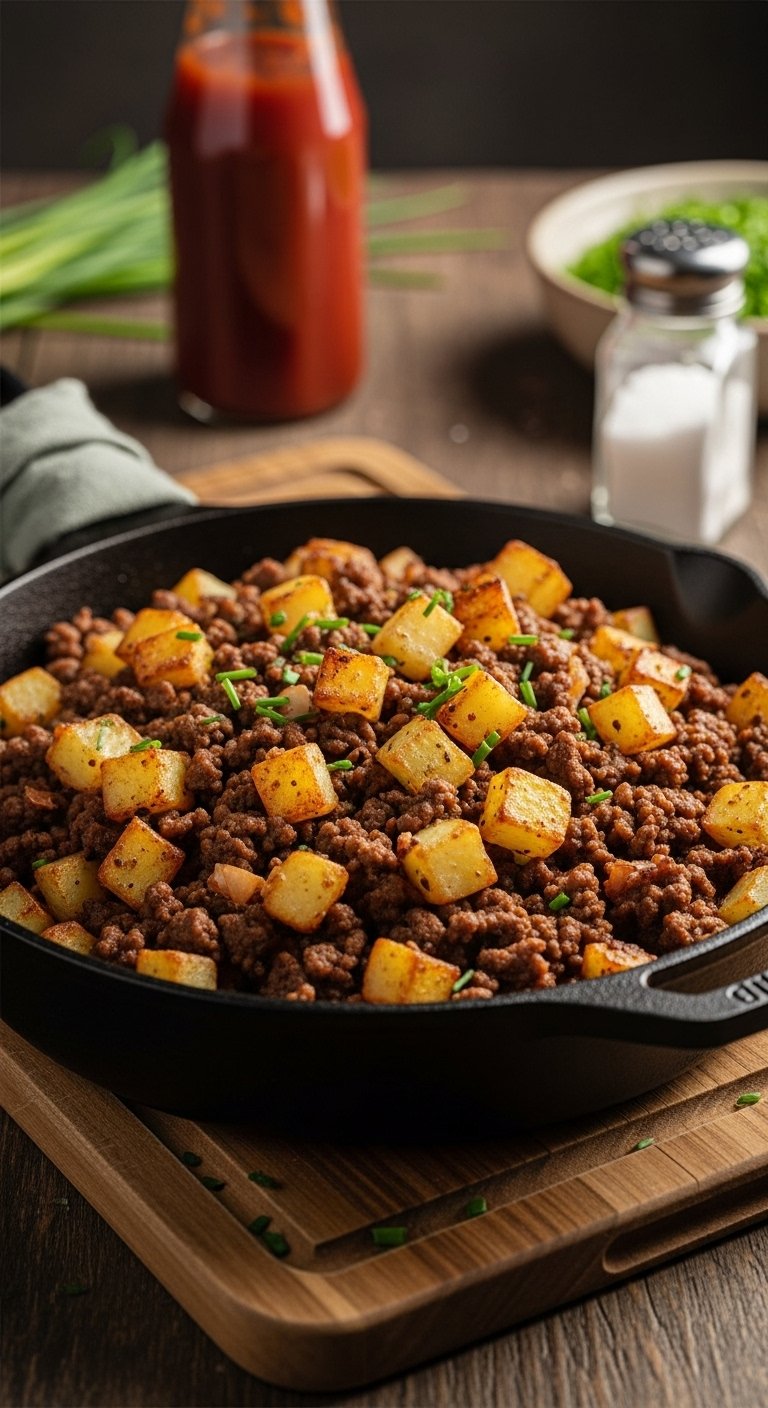 Cast iron skillet with ground beef and crispy diced potatoes garnished with chives on wooden cutting board with ketchup and salt in background
