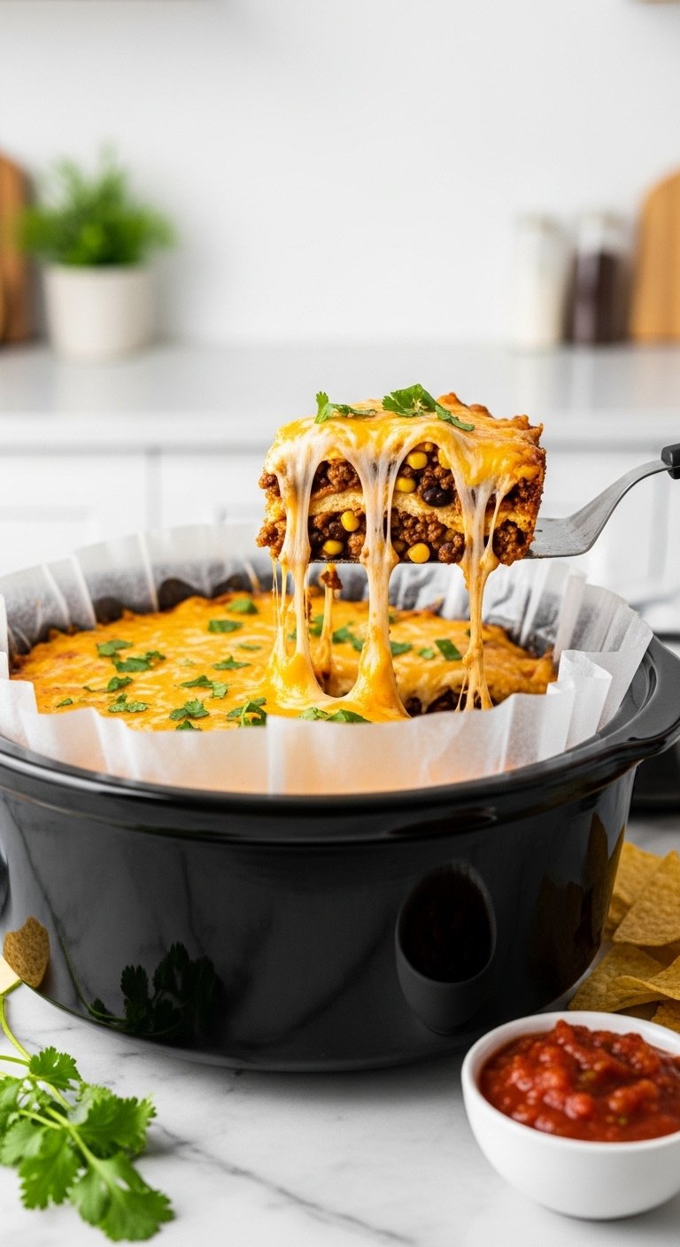 Cheesy crockpot taco casserole with ground beef corn and black beans lifted with spatula from slow cooker liner