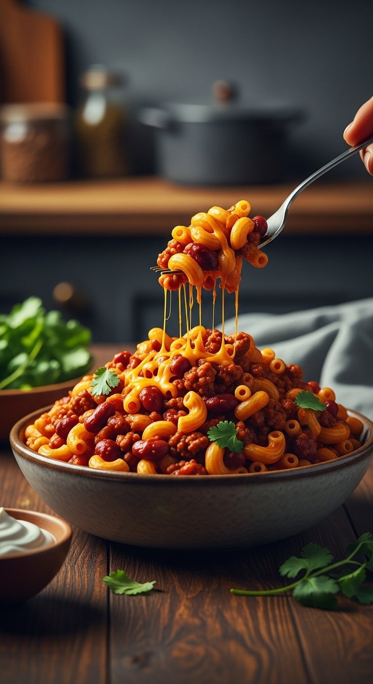 Cheesy pressure cooker chipotle chili mac with macaroni, ground beef, beans, sour cream, and cilantro in a rustic bowl