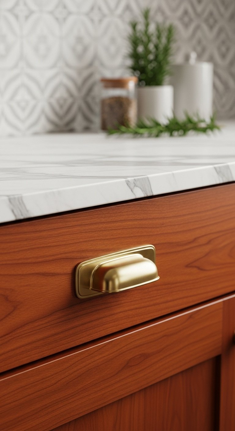 Cherry wood cabinet drawer, satin brass pull, white marble countertop, zellige tile backsplash, spice jar, fresh rosemary.