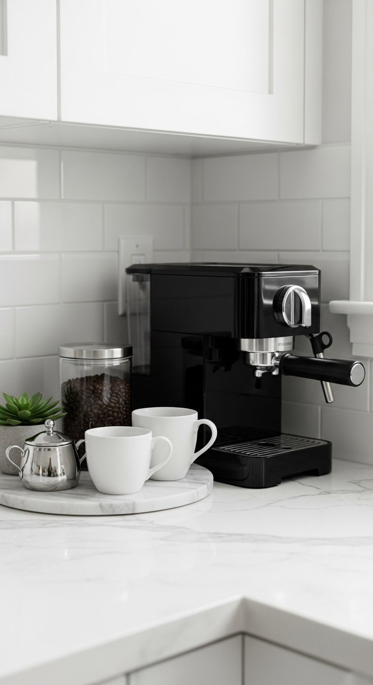 Chic kitchen corner coffee station with black espresso machine marble tray mugs and succulent on white quartz countertop