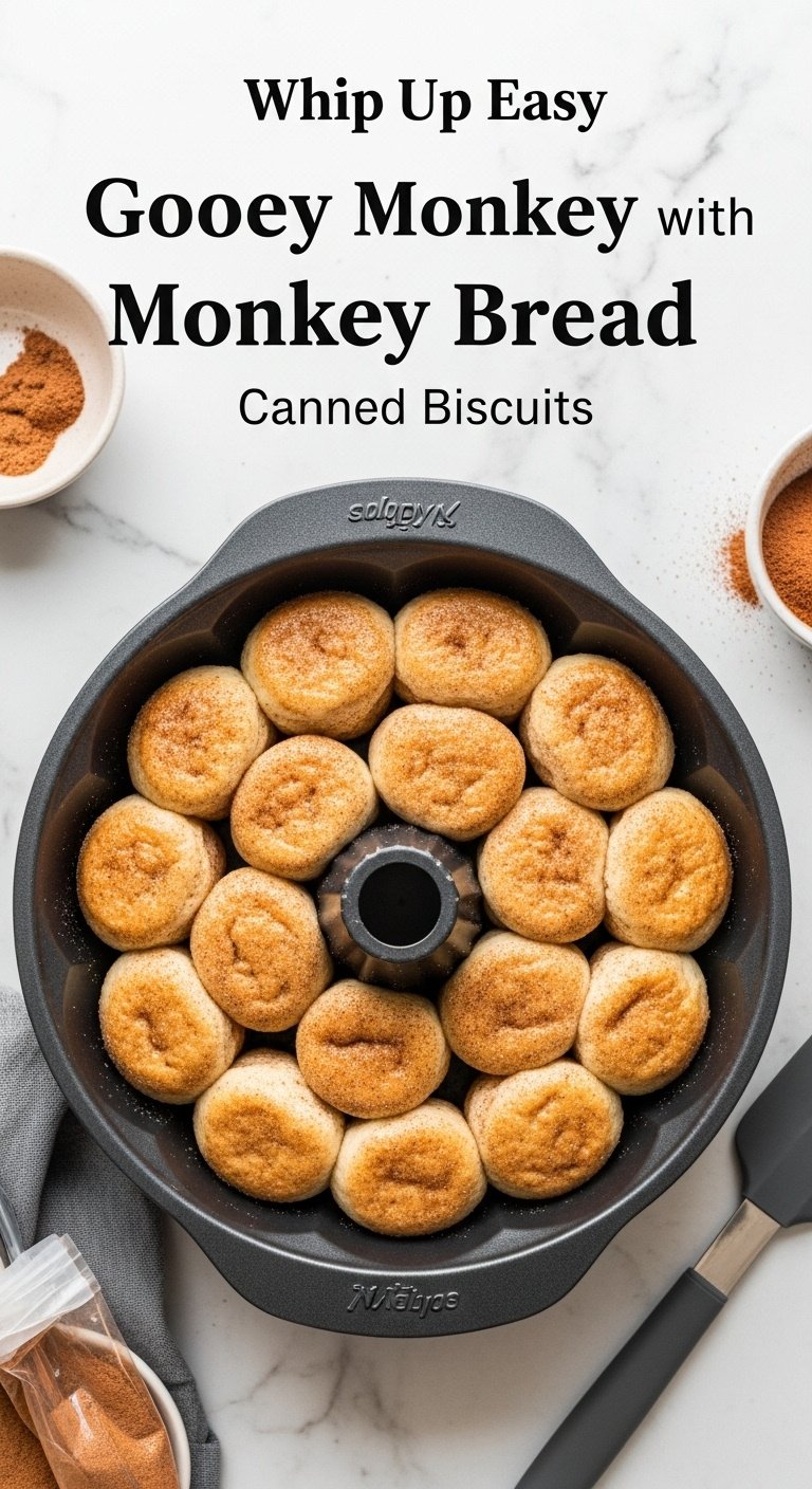 Cinnamon sugar coated biscuit dough pieces arranged in a dark Bundt pan on a clean marble countertop with an empty bag and spatula