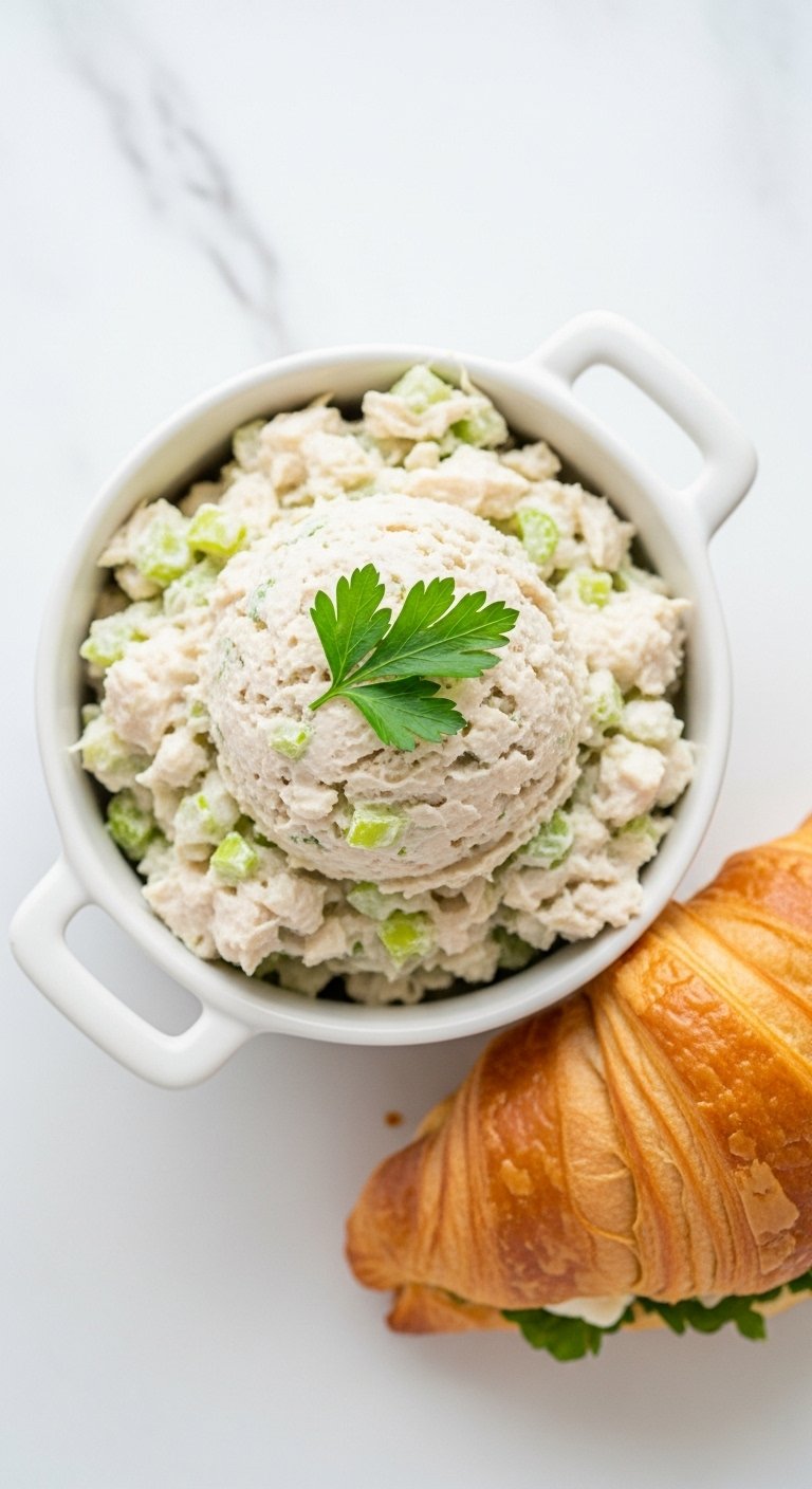 Classic Carol chicken salad with fresh parsley and a croissant on a white marble countertop
