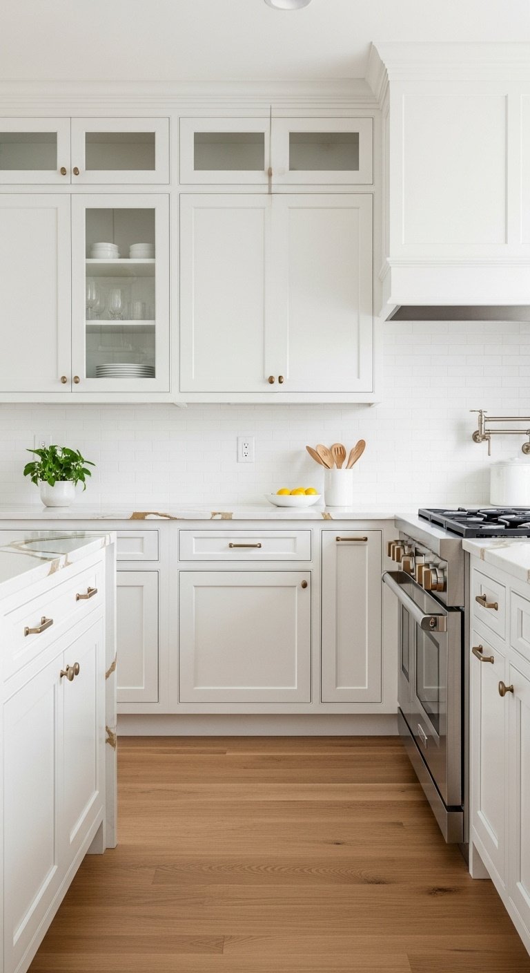 Classic all-white kitchen, Calacatta Gold quartz countertops, golden veining, white shaker cabinets, gold hardware, lemons.