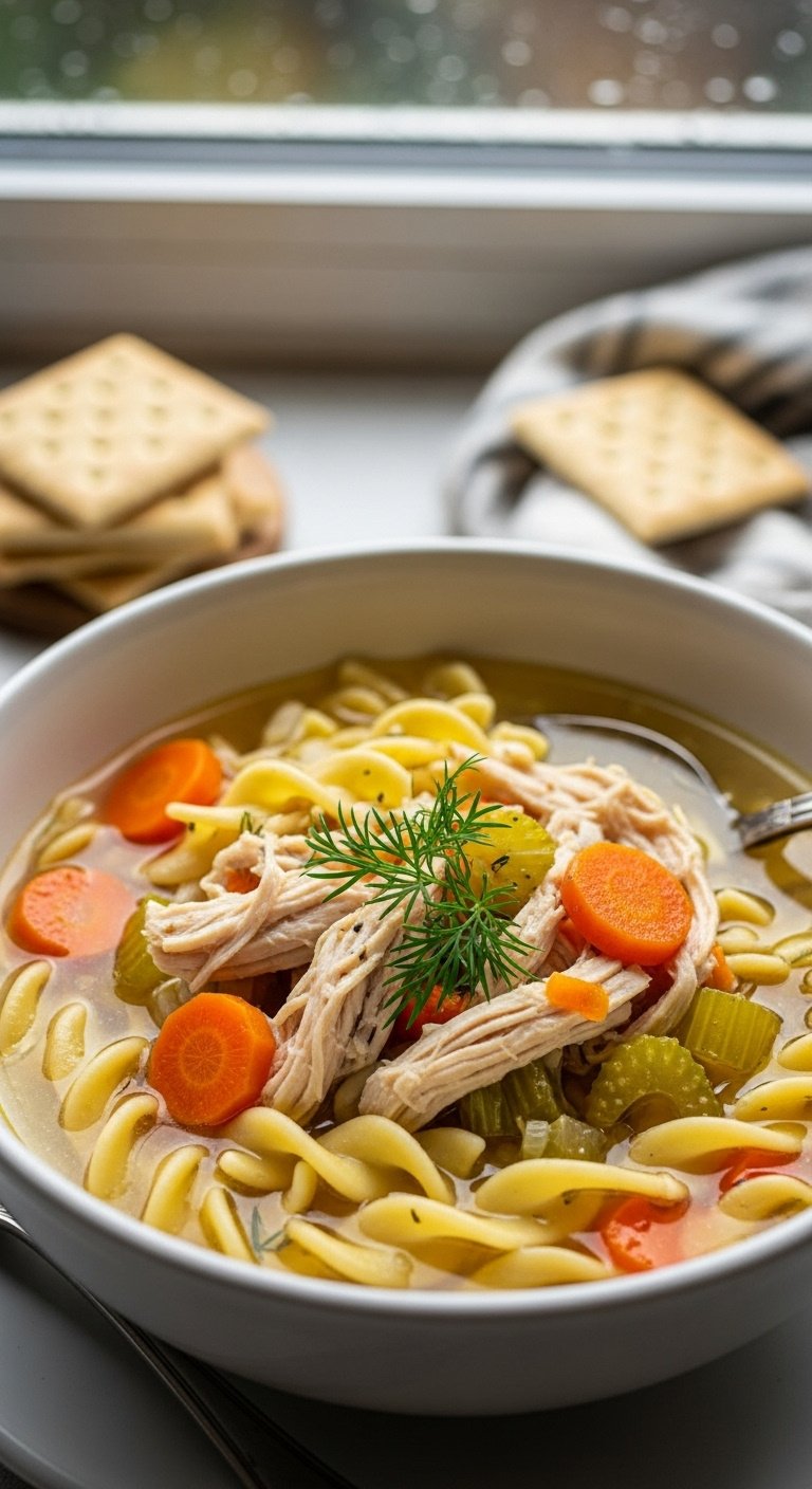 Classic chicken noodle soup with shredded chicken noodles carrots celery and dill in a bowl with crackers