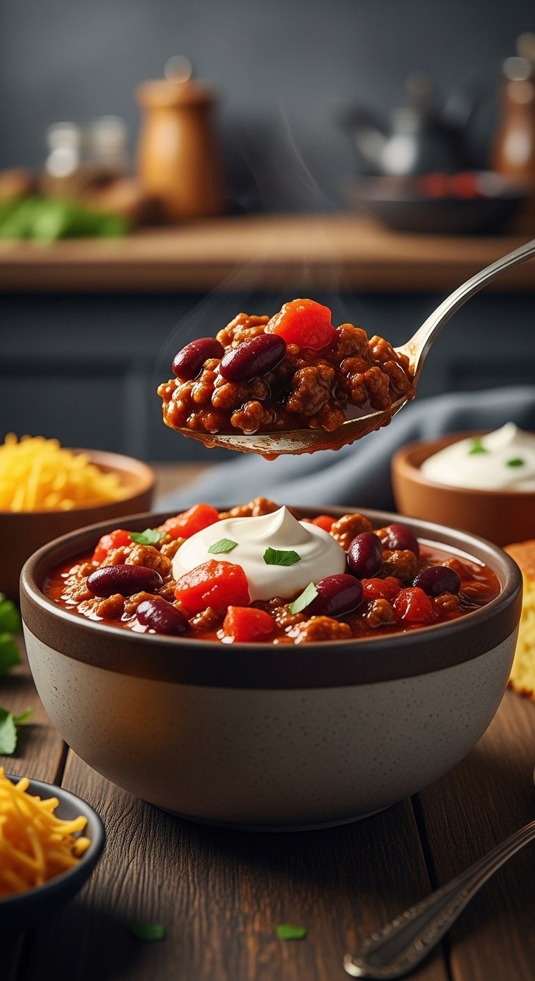 Classic comfort beef chili with cheese and sour cream in a rustic ceramic bowl with a spoon and cornbread on wood table