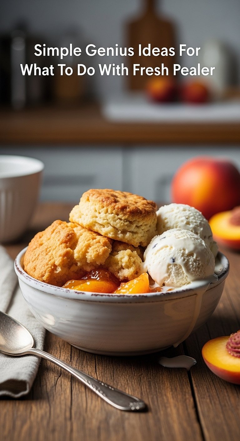Classic peach cobbler with vanilla ice cream on rustic wood table in a cozy summer kitchen
