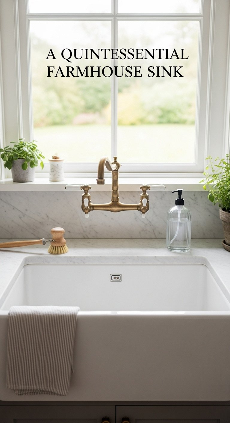 Classic white fireclay farmhouse sink with aged brass bridge faucet set in marble counter by a garden window with herbs