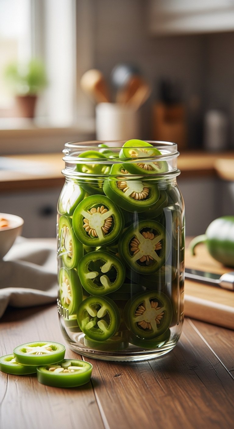 Clear glass jar filled with vibrant green sliced pickled jalapenos on a rustic wood table with blurred kitchen background