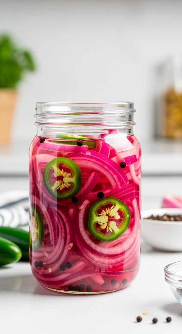 Clear glass jar of vibrant pink pickled red onions with green jalapeno slices and whole peppercorns on white countertop