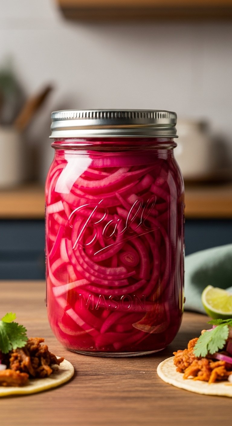 Clear glass mason jar filled with vibrant fuchsia pickled red onions on a rustic wood table with a taco