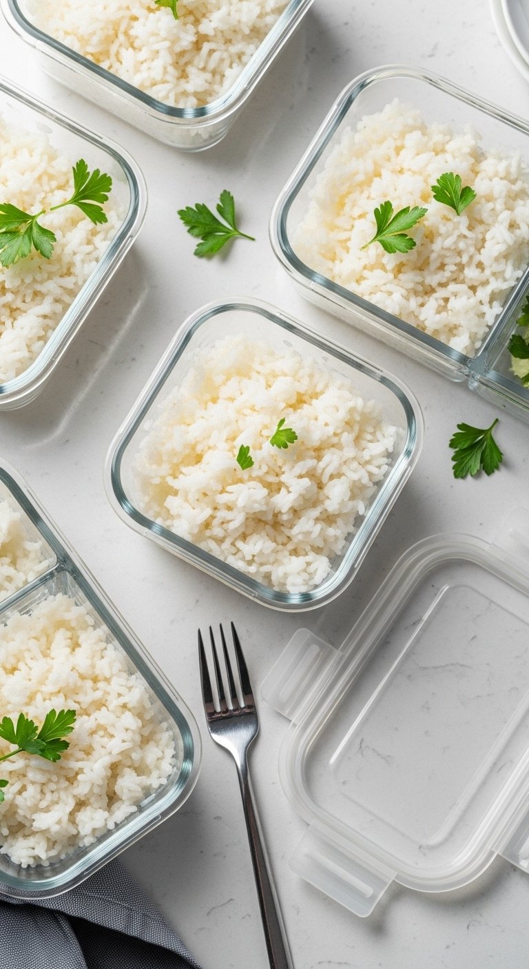 Clear glass meal prep containers filled with perfectly portioned fluffy white rice with parsley and a fork on a countertop