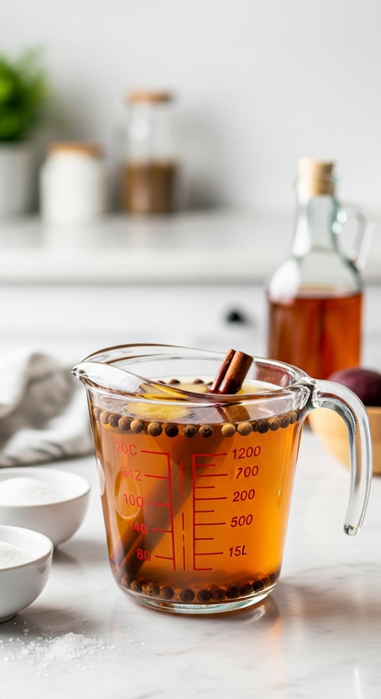 Clear glass measuring cup with amber pickling brine and whole spices on a marble countertop with blurred ingredients