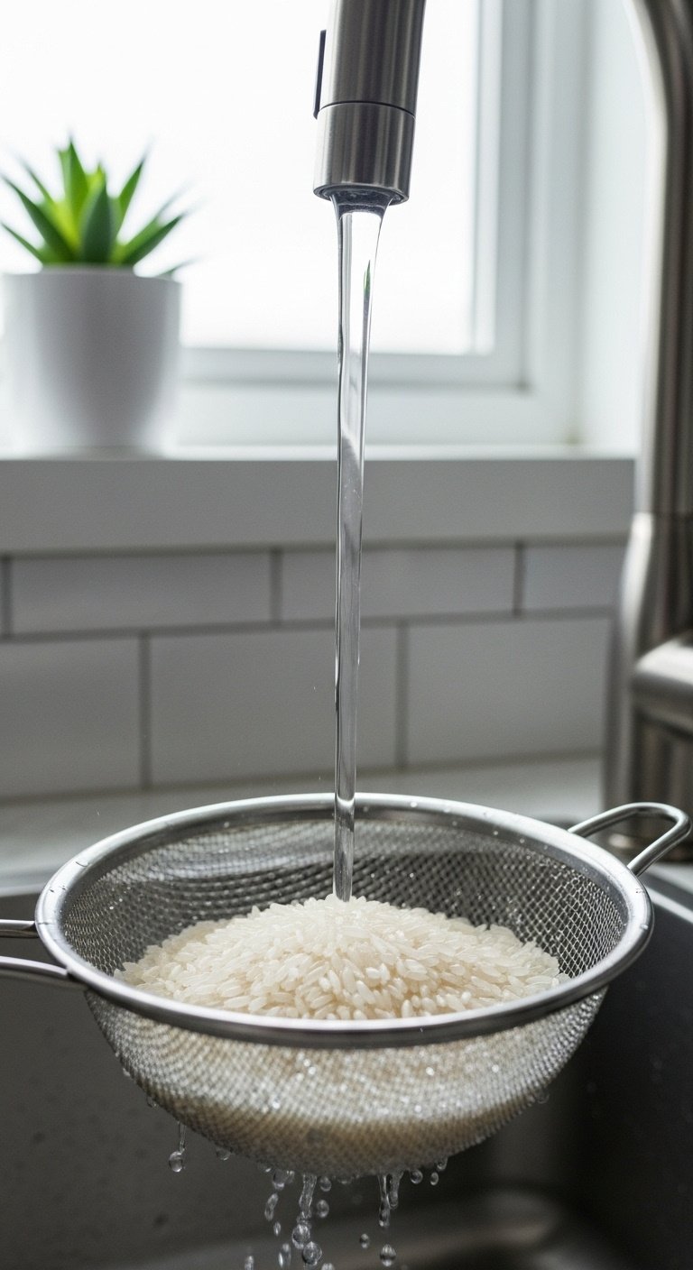 Clear water rinsing white jasmine rice in a metal fine-mesh strainer in a stainless steel sink with tile backsplash and succulent