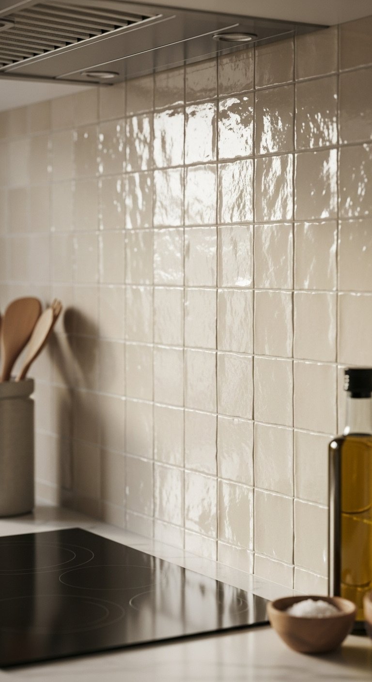 Close-up of a kitchen backsplash with creamy glossy Zellige tiles and a blurred quartz countertop in warm natural light