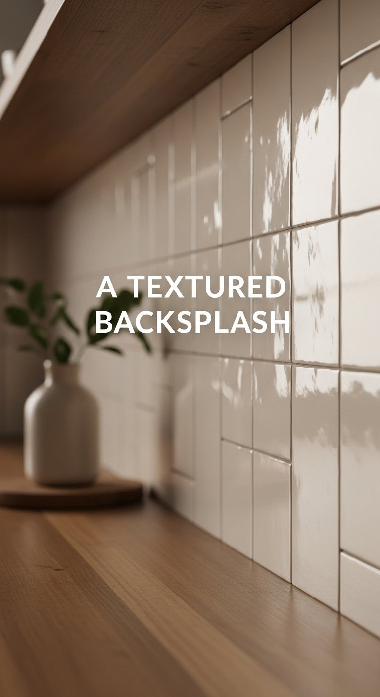 Close-up of a kitchen backsplash with creamy white zellige tiles reflecting natural light and a blurred wooden countertop