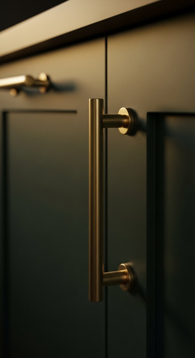 Close-up of a modern brushed brass T-bar cabinet pull on a dark green kitchen cabinet with warm moody light