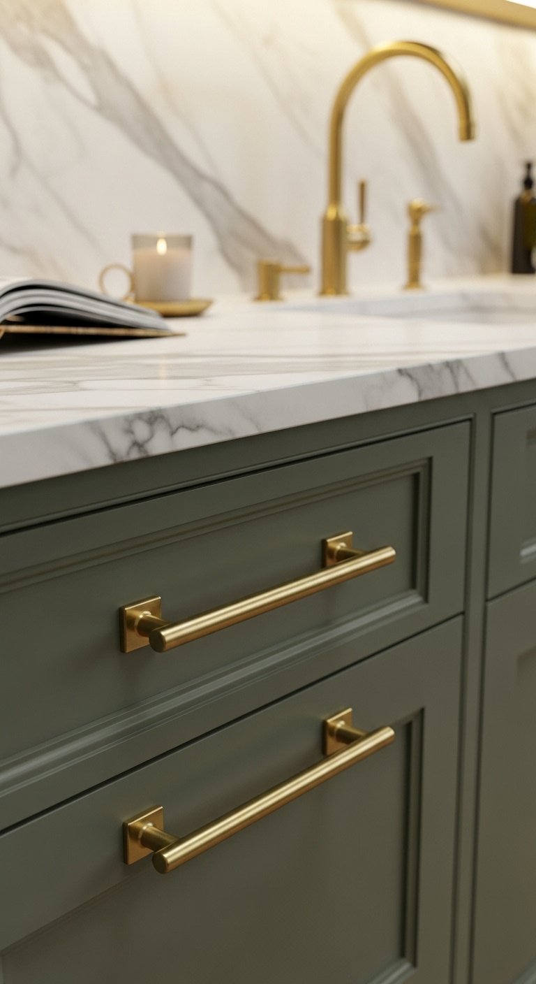 Close-up of deep sage green cabinet, brushed brass T-bar pull, white marble countertop, cookbook, brass candle holder.