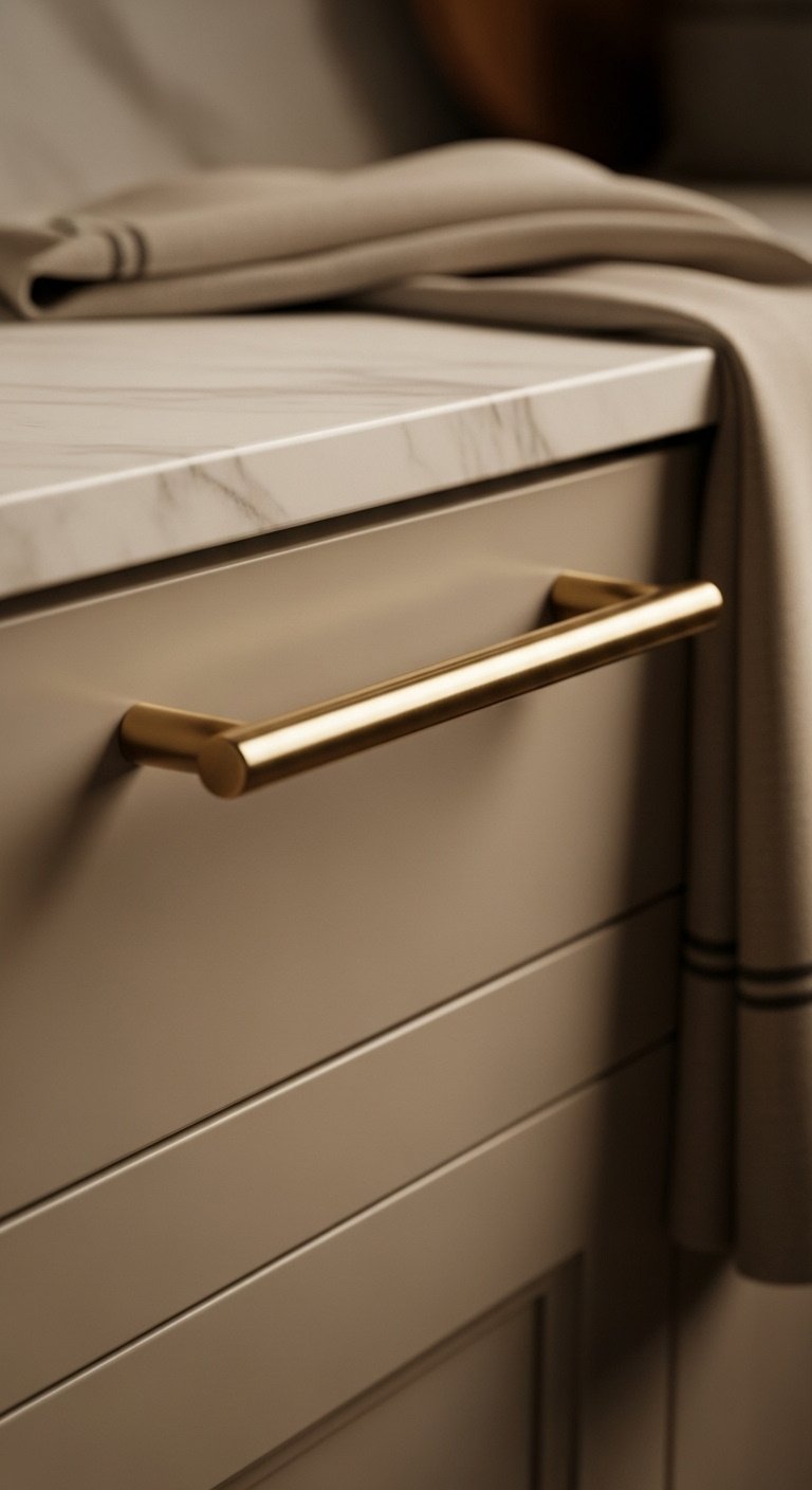 Close-up of modern brushed gold cabinet handle on warm greige kitchen cabinet with blurred marble countertop and linen tea towel