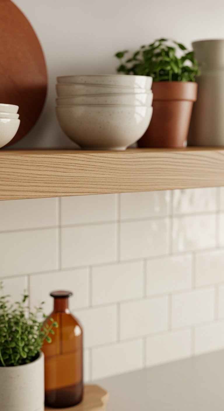 Close-up of natural white oak floating shelves with creamy tiled backsplash in a warm neutral kitchen with ceramic bowls and herbs
