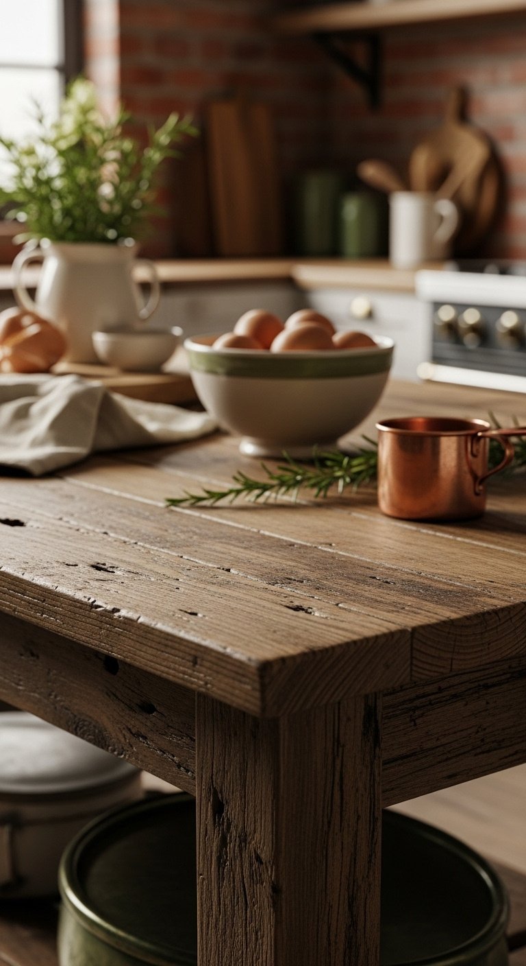 Close-up of rustic reclaimed wood kitchen island, ceramic bowl with eggs, rosemary, vintage copper measuring cup, exposed brick.