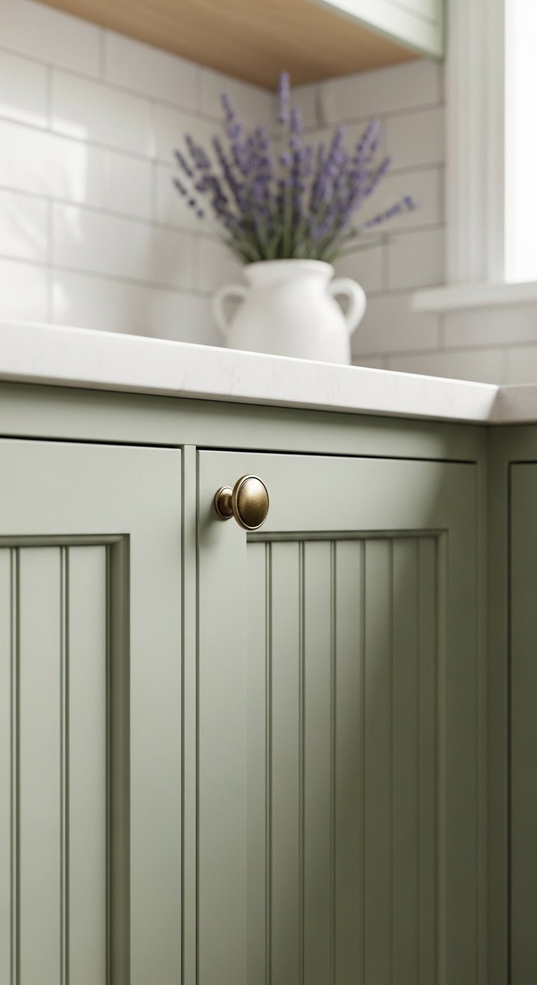 Close-up of sage green cottage kitchen cabinets with beadboard texture and brass knob under soft natural light