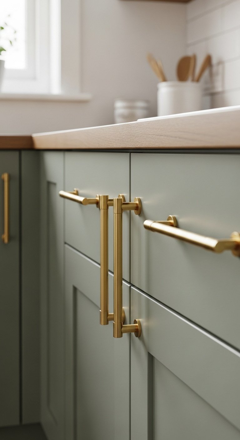 Close-up of sage green shaker cabinets, brushed brass handles and knobs, wooden countertop, white ceramic utensil holder.