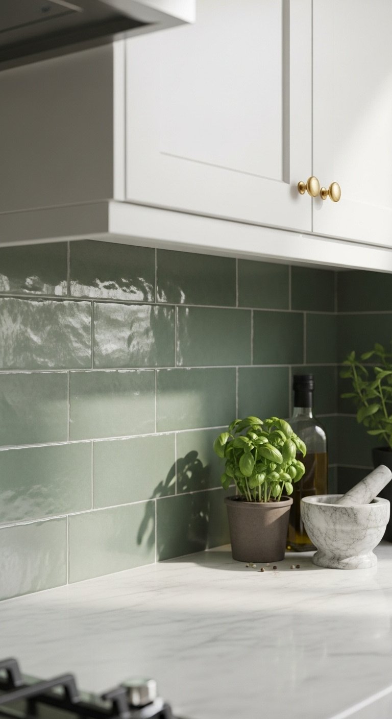 Close-up of sage green zellige tile backsplash, marble countertop, potted herb, olive oil bottle, mortar and pestle.