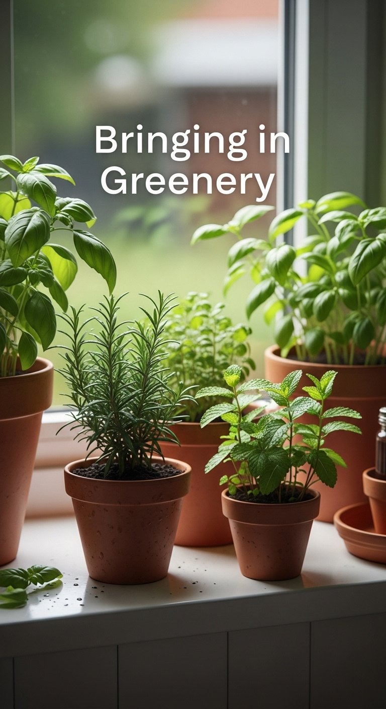 Collection of small terracotta pots with fresh green herbs basil rosemary mint on a sunny kitchen windowsill