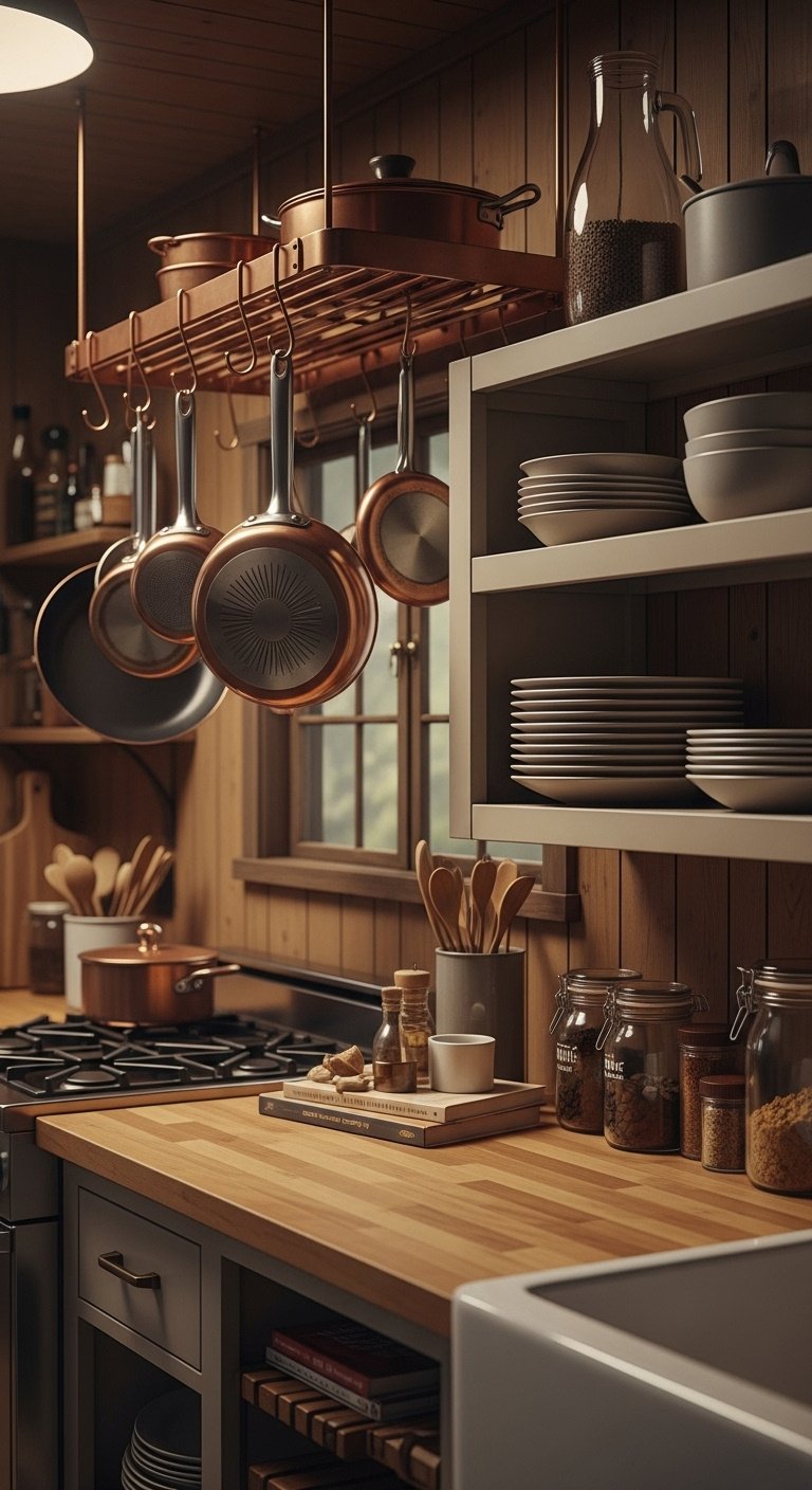 Compact cabin kitchen with copper pot rail hanging pans open shelving stacked dishes spice jars and cookbook on butcher block counter