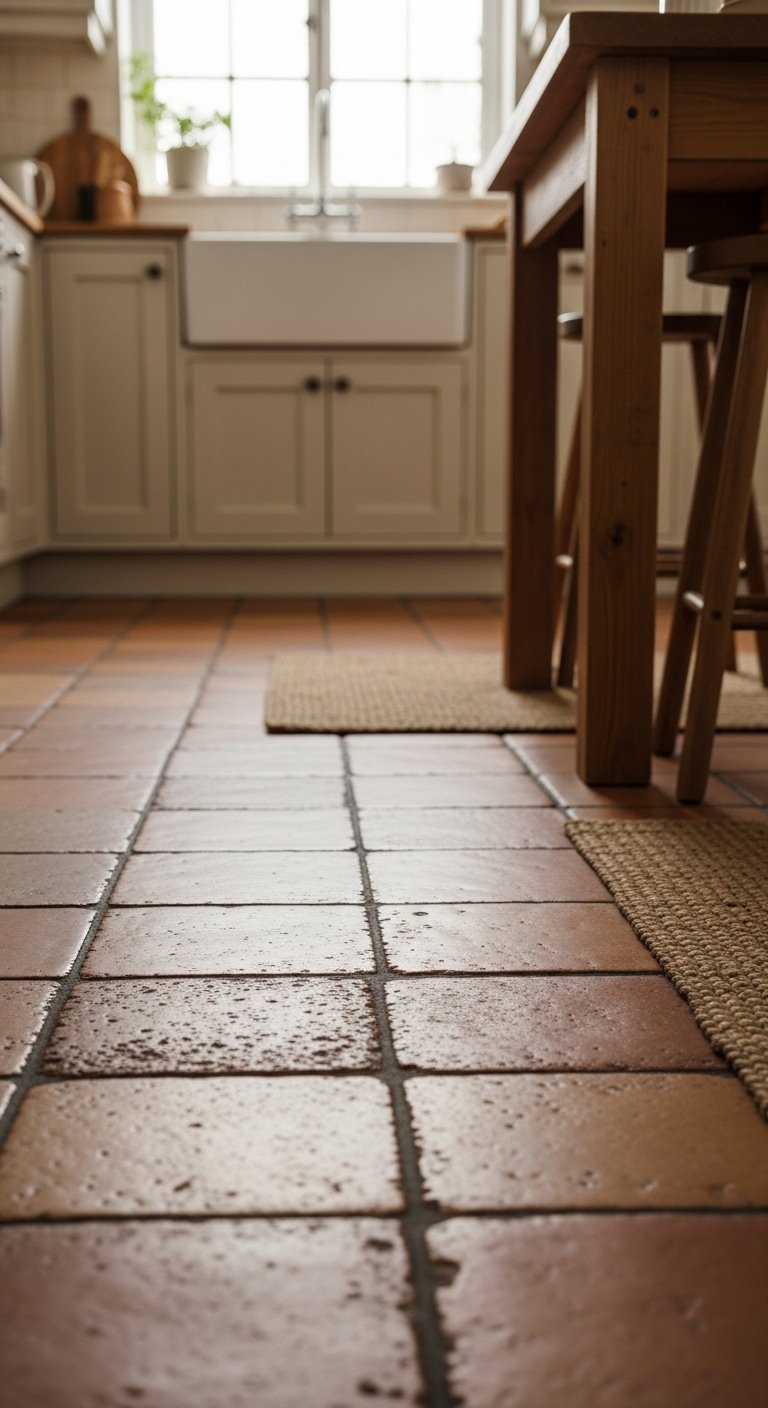 Cottage kitchen charming rustic flooring terracotta tile wooden island jute rug cream cabinets cozy