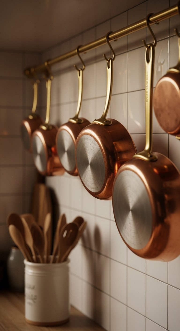 Cottage kitchen decorative touches copper pots pans brass rail tiled wall wooden spoons cozy rustic
