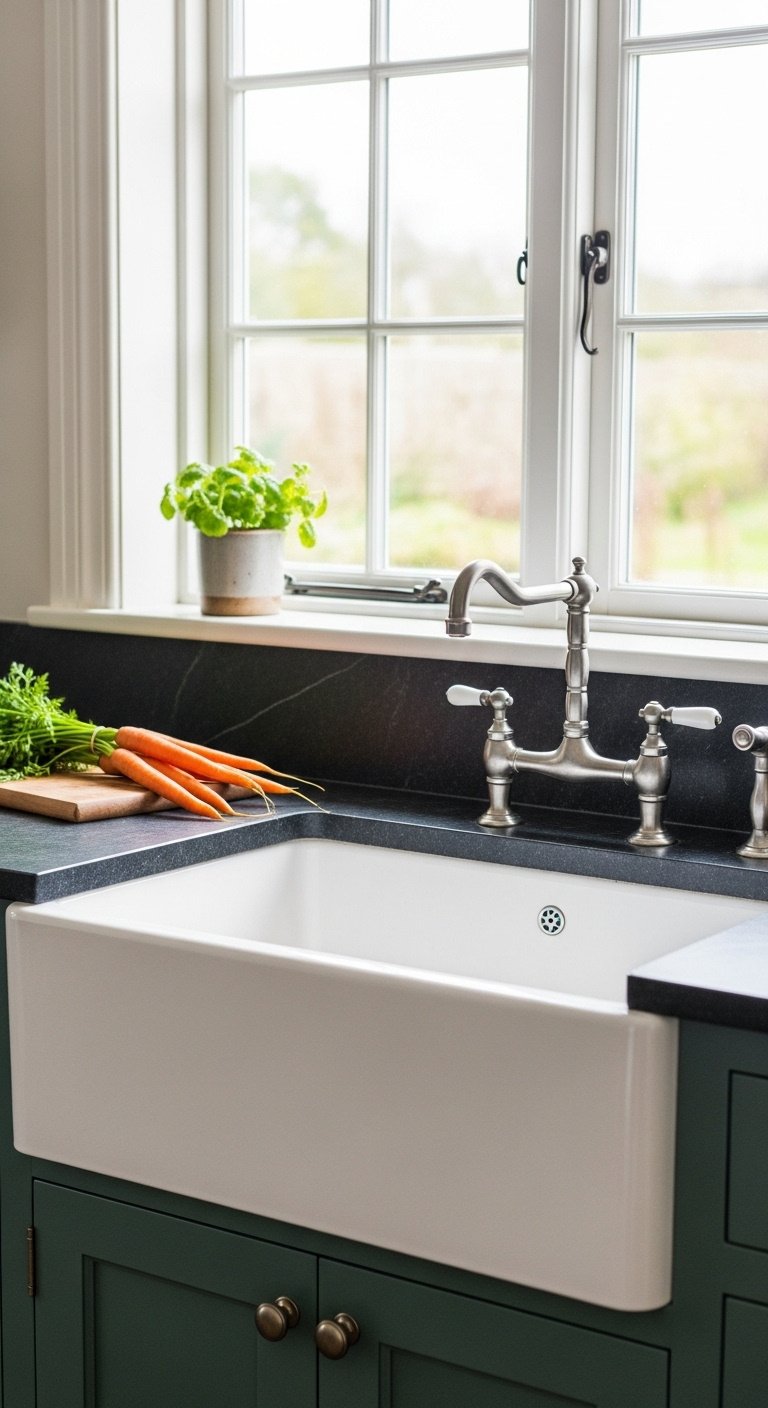 Cottage kitchen farmhouse charm white fireclay apron front sink soapstone counter gooseneck faucet fresh carrots garden view