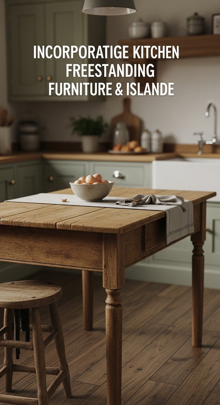 Cottage kitchen freestanding furniture island rustic wooden farm table fresh eggs linen runner vintage stool