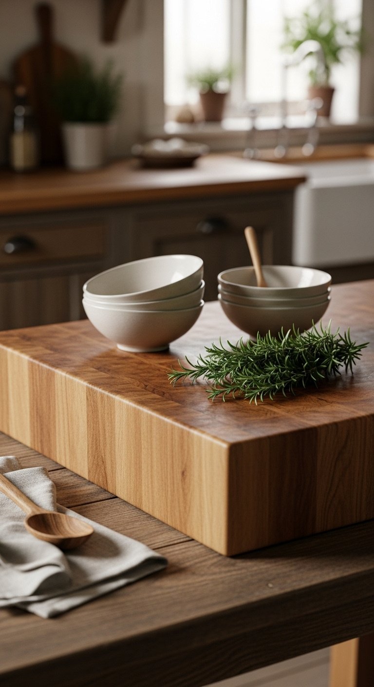 Cottage kitchen natural materials butcher block countertop ceramic bowls rosemary linen tea towel wooden spoon cozy rustic