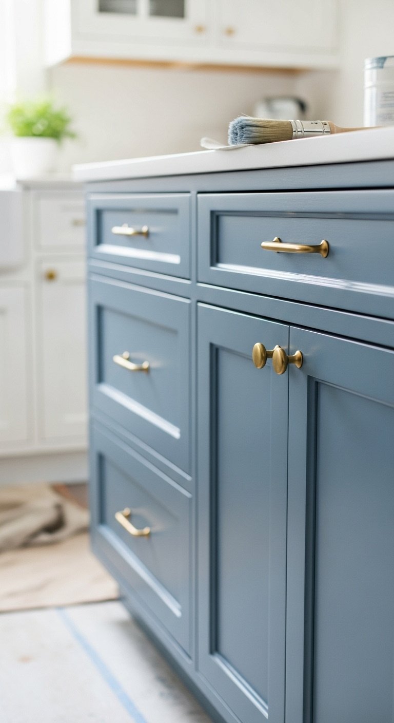 Cottage kitchen paint transform cabinets walls blustery sky blue brass hardware elegant minimalist