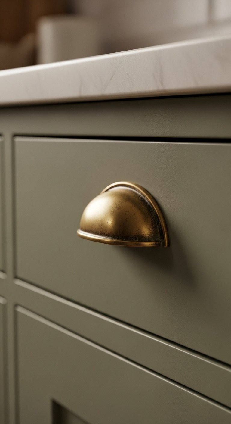 Cottage kitchen simple finishes vintage hardware aged brass cup pull sage green drawer marble countertop cozy